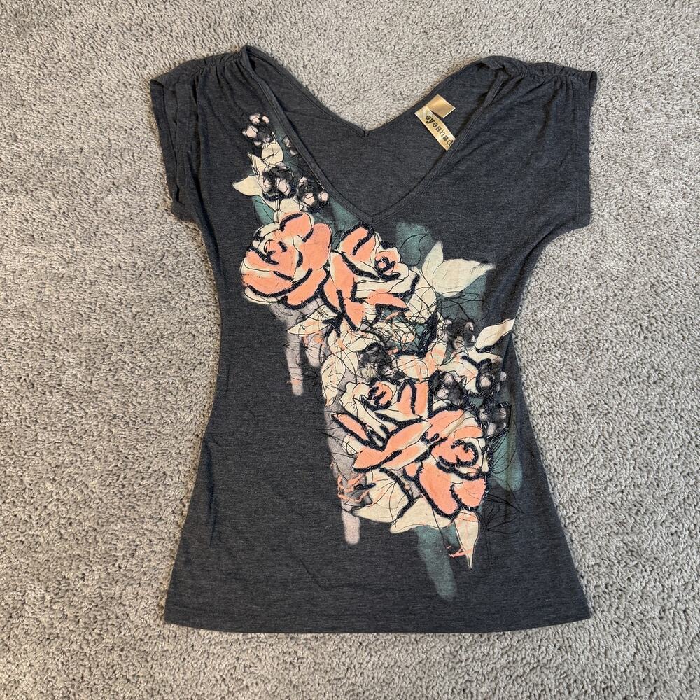 Eyeshadow Shirt Womens S Gray V-Neck Floral Embroidered Cap Sleeve Slim Fit